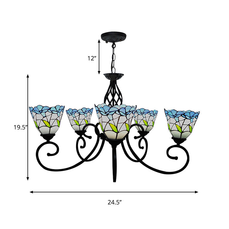 Blue Stained Glass Chandelier With 5 Floral Tiffany-Style Pendants - Perfect For Living Room