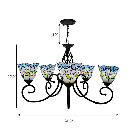 Blue Stained Glass Chandelier With 5 Floral Tiffany-Style Pendants - Perfect For Living Room