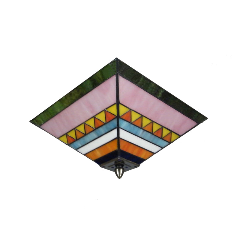 Craftsman Stained Glass Flush Ceiling Light - Multicolored Pyramid Design 2 Bulbs Foyer Mount