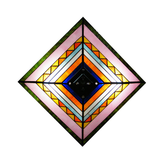 Craftsman Stained Glass Flush Ceiling Light - Multicolored Pyramid Design 2 Bulbs Foyer Mount