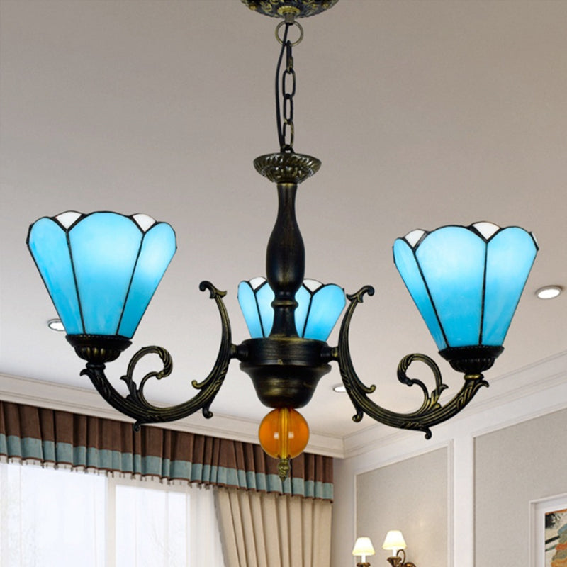 Vintage Stained Glass Chandelier: Sky Blue Conic Shape 3 Lights - Decorative Hanging Light For