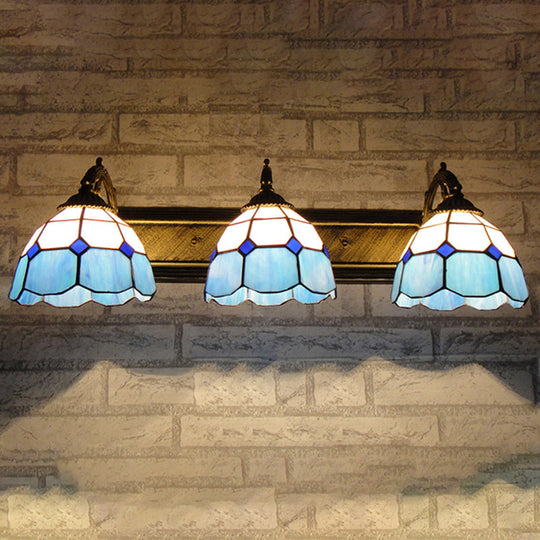 Mediterranean Dome Stained Glass Vanity Lighting With 3 Lights - Aged Brass Wall Sconce