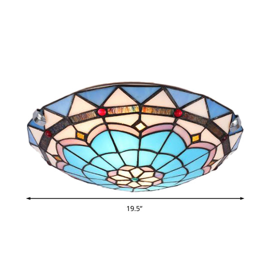 Baroque Bowl Flush Mount Stained Glass Ceiling Light In Blue/Blue-Brown - 12/16/19.5 Wide