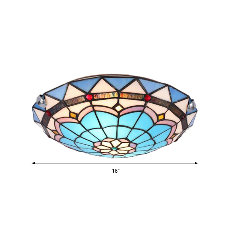 Baroque Bowl Flush Mount Stained Glass Ceiling Light In Blue/Blue - Brown - 12’/16’/19.5’ Wide