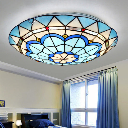 Baroque Bowl Flush Mount Stained Glass Ceiling Light In Blue/Blue - Brown - 12’/16’/19.5’