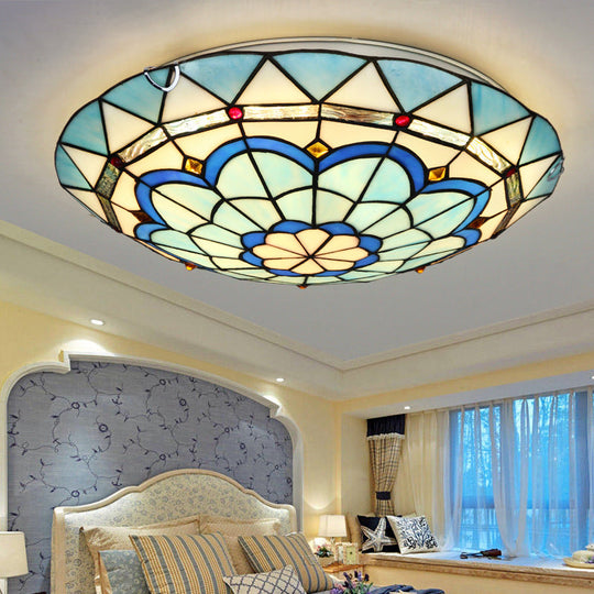 Baroque Bowl Flush Mount Stained Glass Ceiling Light In Blue/Blue - Brown - 12’/16’/19.5’ Wide