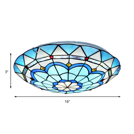 Baroque Bowl Flush Mount Stained Glass Ceiling Light In Blue/Blue-Brown - 12/16/19.5 Wide