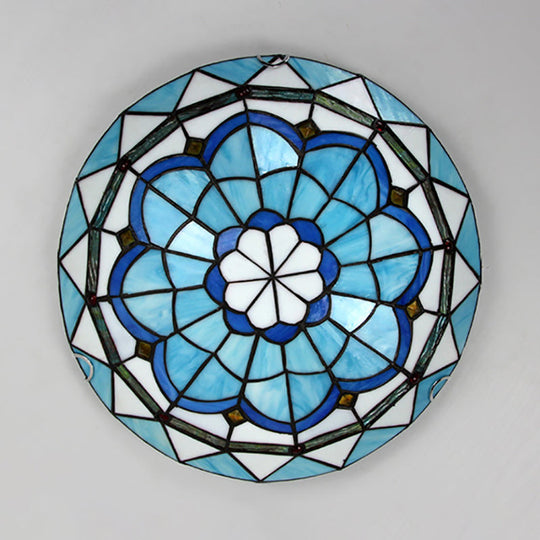 Baroque Bowl Flush Mount Stained Glass Ceiling Light In Blue/Blue-Brown - 12/16/19.5 Wide