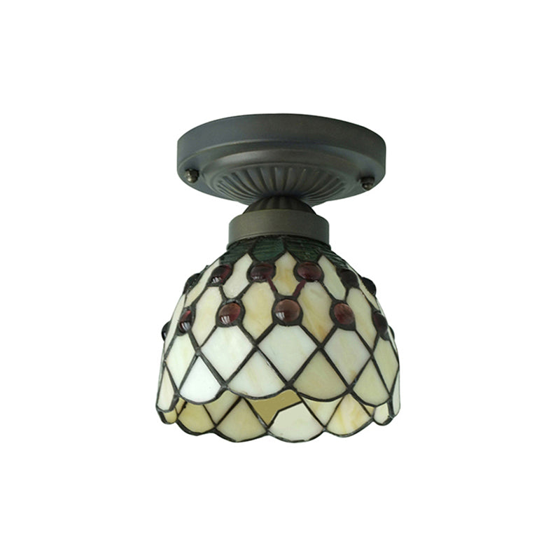Retro-Style Cup Shade Semi Flush Mount Ceiling Light - Purple/Beige Glass Fixture With Jewel