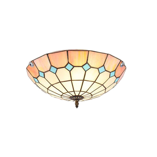 12’/16’/19.5’ Wide Pink Tiffany Ceiling Light With Grid Glass Bowl Shade - Perfect For Living