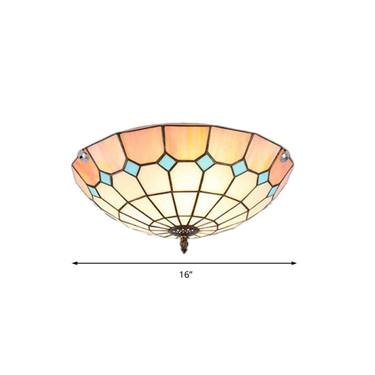 12’/16’/19.5’ Wide Pink Tiffany Ceiling Light With Grid Glass Bowl Shade - Perfect For Living