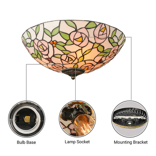 Tiffany Style Stained Glass Flushmount Light: Bowl Flower Ceiling Fixture Multicolor 3 Lights