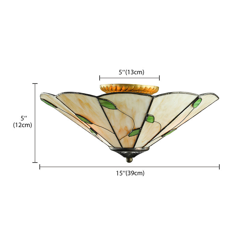 Tiffany Stained Glass Ceiling Light With Geometric Design And Leaf Theme (3 Lights White/Beige