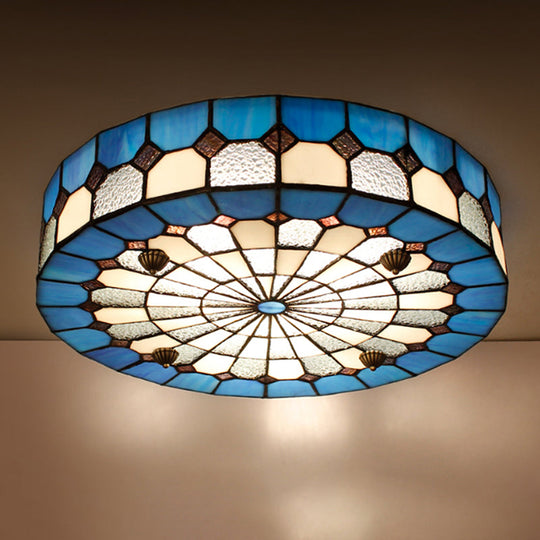 Tiffany Style Stained Glass Round Ceiling Light Fixture - Blue 16/23.5 Flushmount With 3/4 Lights