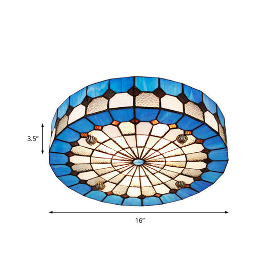Tiffany Style Stained Glass Round Ceiling Light Fixture - Blue 16’/23.5’ Flushmount With 3/4