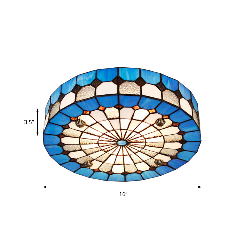 Tiffany Style Stained Glass Round Ceiling Light Fixture - Blue 16/23.5 Flushmount With 3/4 Lights