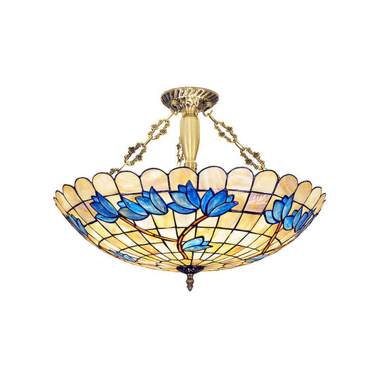 Vintage Stained Glass Ceiling Light Fixture - 4 - Light Semi Flush Mount For Dining Room Tulip