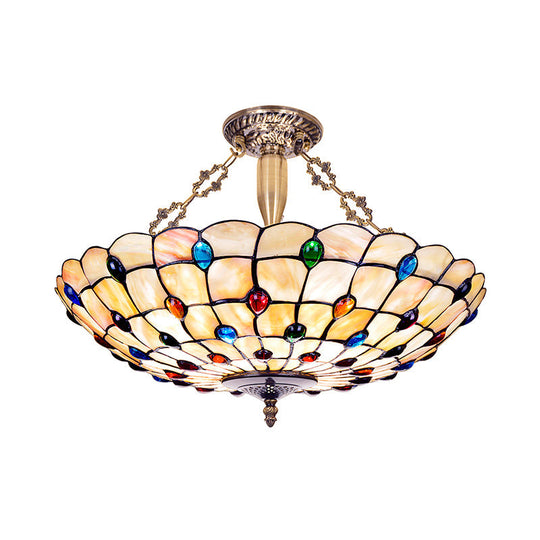 Vintage Stained Glass Ceiling Light With 4 Jewel Heads In Beige