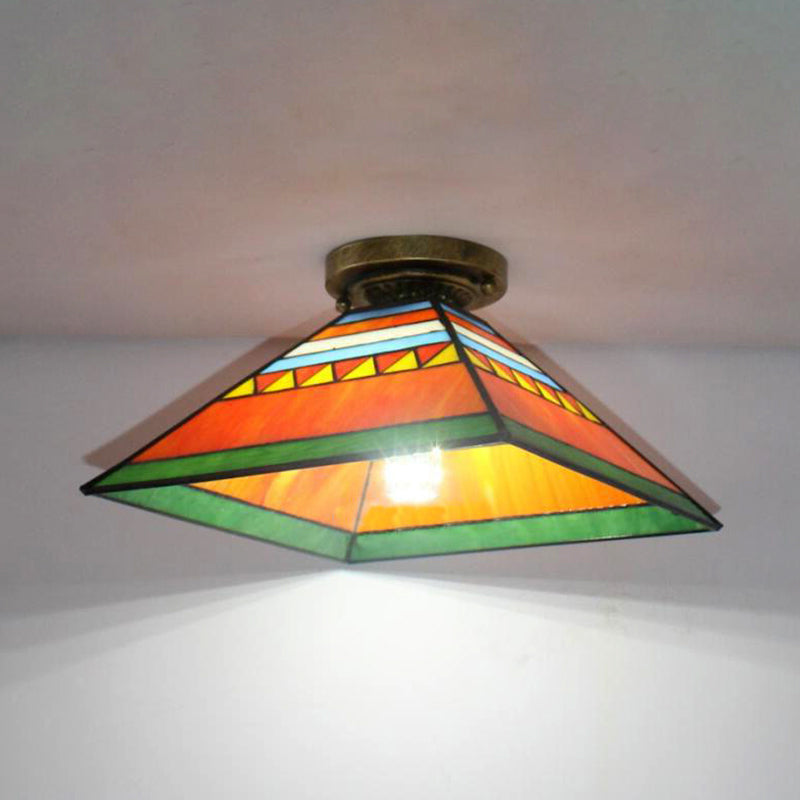 Stained Glass Mini Flush Mount Light For Kitchen - Pink/Orange Pyramid Craftsman Design