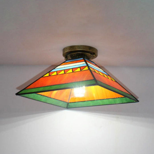 Stained Glass Mini Flush Mount Light For Kitchen - Pink/Orange Pyramid Craftsman Design