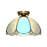 Scalloped Vintage Stained Glass Flush Mount Light - 1 In White/Beige/Blue Perfect For Living Room