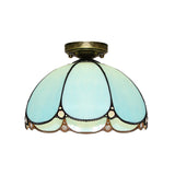 Scalloped Vintage Stained Glass Flush Mount Light - 1 In White/Beige/Blue Perfect For Living Room