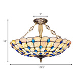 Stained Glass Semi Flush Ceiling Light With Jewel Decoration - Retro Style Yellow/Beige Various