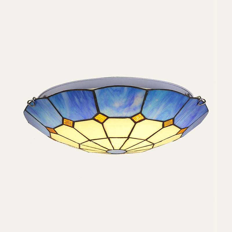 Tiffany Blue Stained Glass Flush Ceiling Light With Bowl Shade - Perfect For Living Room / 19.5
