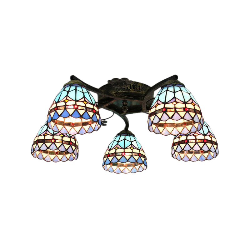 Baroque Semi Flush Stained Glass Bowl Ceiling Light - Blue | 5 - Light Dining Room Lighting