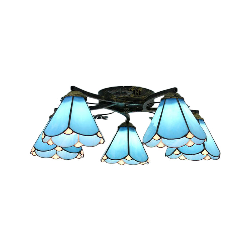 Blue Glass Cone Ceiling Light - Tiffany Style Semi Flush With Flower Design Ideal For Living Room