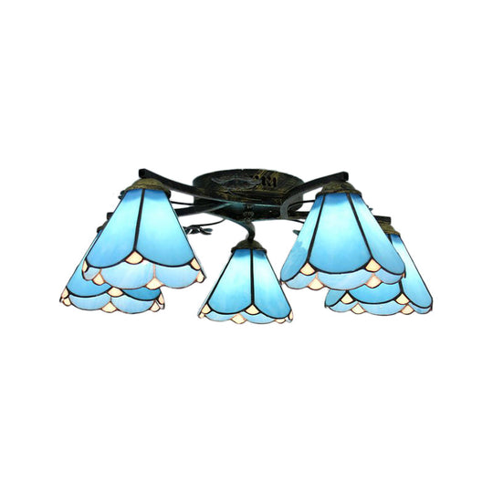 Blue Glass Cone Ceiling Light - Tiffany Style Semi Flush With Flower Design Ideal For Living Room