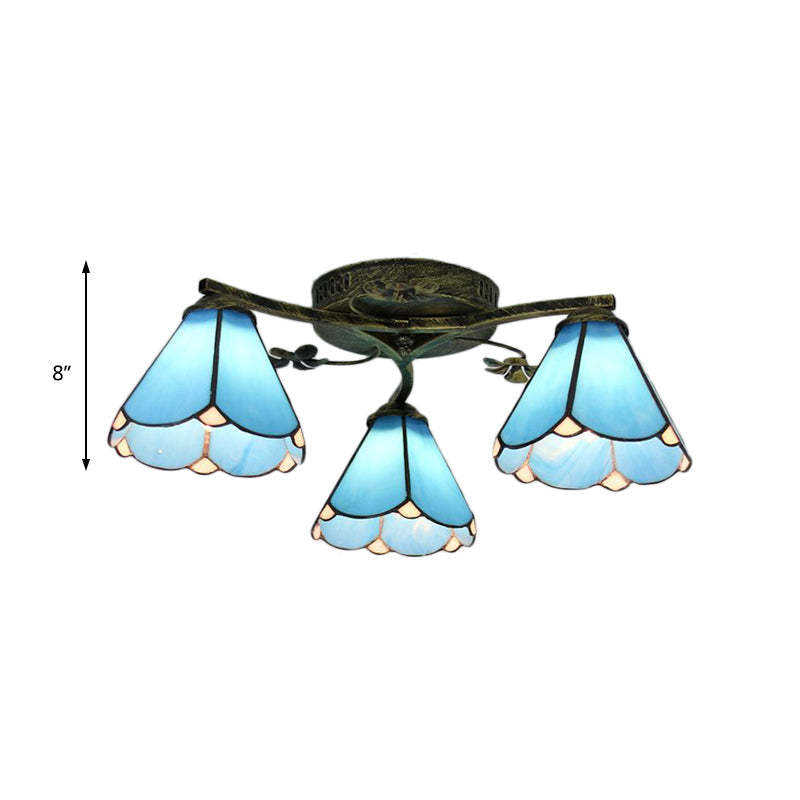 Blue Glass Cone Ceiling Light - Tiffany Style Semi Flush With Flower Design Ideal For Living Room