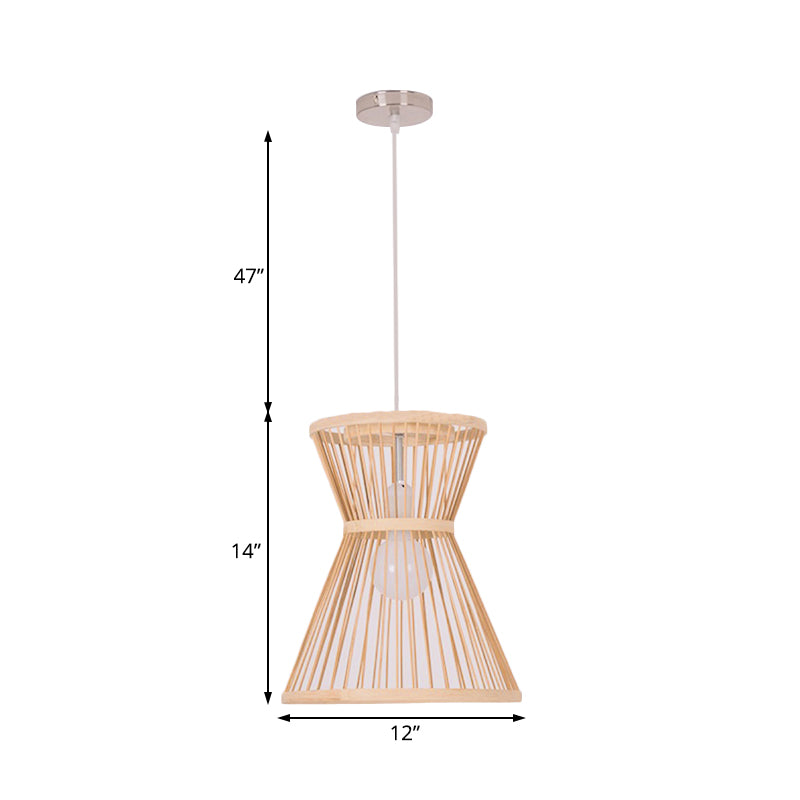 Asian Style Hourglass Pendant Lamp - Bamboo 1 Bulb Beige Suspension Light For Foyer