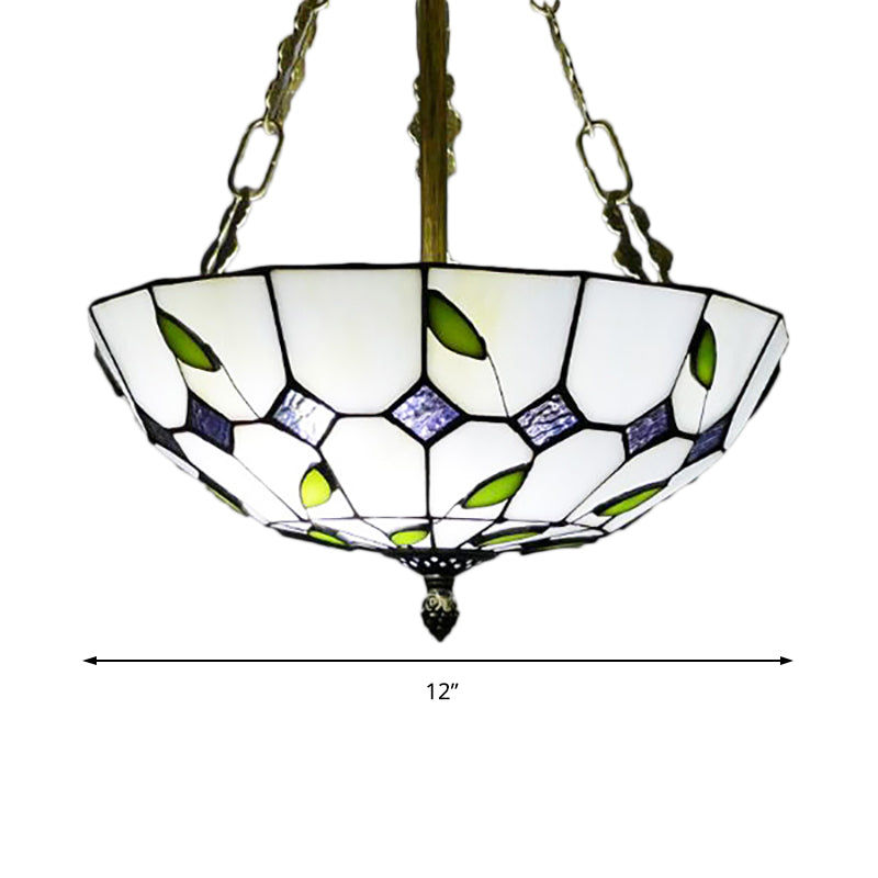 Retro Style Stained Glass Chandelier - 12’/16’/19.5’ W Bowl Shade Ceiling Pendant With Leaf