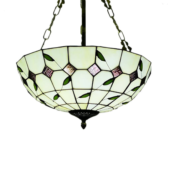 Retro Style Stained Glass Chandelier - 12’/16’/19.5’ W Bowl Shade Ceiling Pendant With Leaf