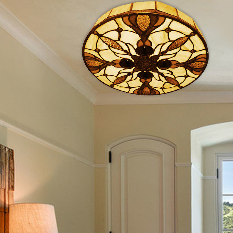 Vintage Stained Glass Flushmount Ceiling Light With Peacock Tail Pattern In Beige - 2 Lights