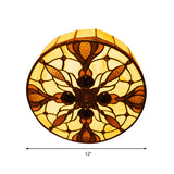 Vintage Stained Glass Flushmount Ceiling Light With Peacock Tail Pattern In Beige - 2 Lights