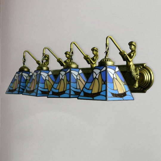 Blue Stained Glass Sconce Light: Mediterranean Sailboat Design With 4 Heads