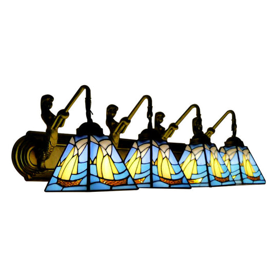 Blue Stained Glass Sconce Light: Mediterranean Sailboat Design With 4 Heads