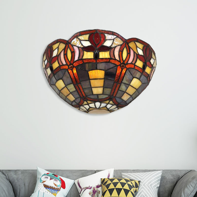 Rustic Tiffany Art Glass Bowl Wall Sconce Lamp - Corridor Lighting Red Brown Shade
