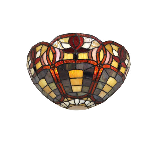 Rustic Tiffany Art Glass Bowl Wall Sconce Lamp - Corridor Lighting Red Brown Shade