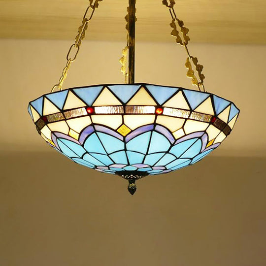 Blue Stained Glass Semi Flush Ceiling Fixture - Retro Style For Coffee Shop