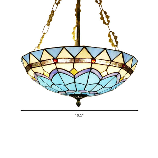 Blue Stained Glass Semi Flush Ceiling Fixture - Retro Style For Coffee Shop