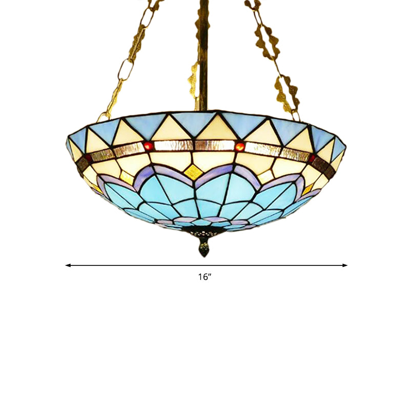 Blue Stained Glass Semi Flush Ceiling Fixture - Retro Style For Coffee Shop