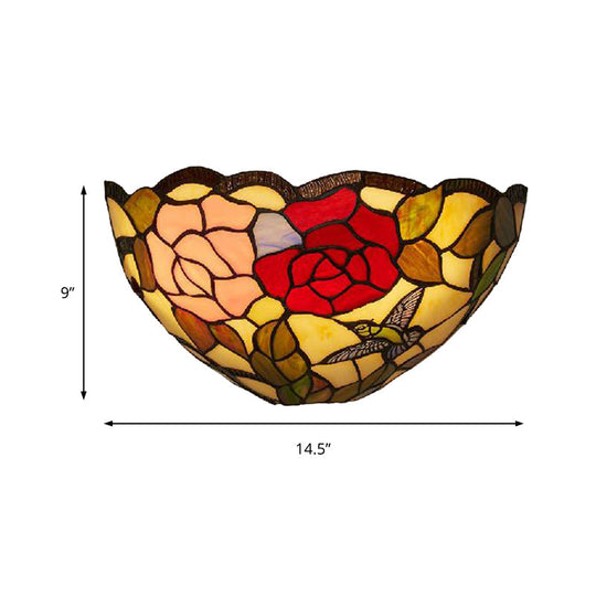 Stained Glass Lodge Tiffany Wall Lamp With Rose Pattern And Bowl Shade