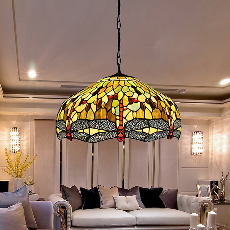 Tiffany-Style Domed Pendant Light With Dragonfly Pattern - Yellow Stained Glass 2 Bulbs