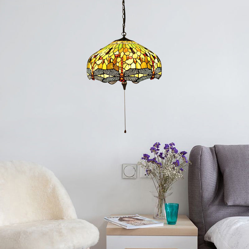 Tiffany-Style Domed Pendant Light With Dragonfly Pattern - Yellow Stained Glass 2 Bulbs