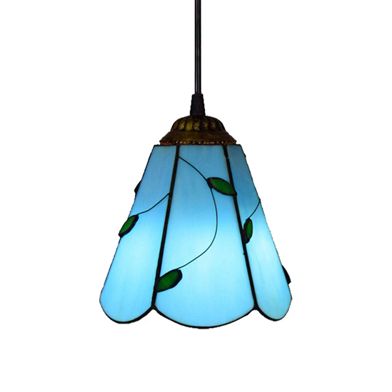 Blue/Beige Stained Glass Conical Tiffany Hanging Lamp - Mini Pendant For Living Room