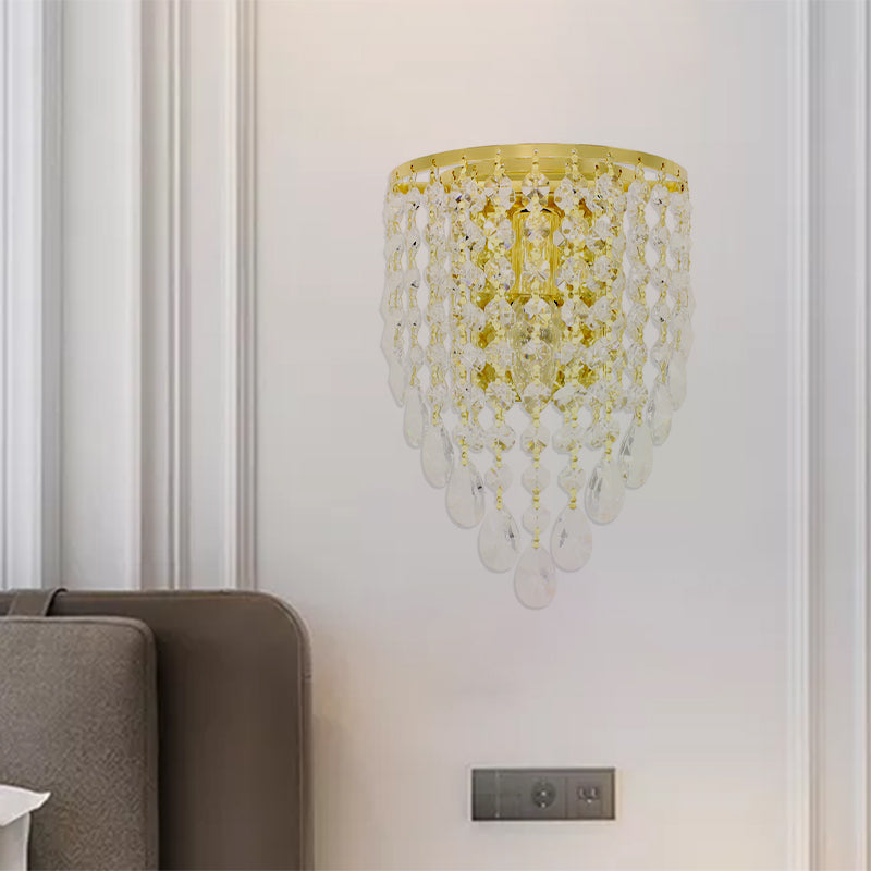 Vintage Metal Tapered Wall Mount Light Sconce With Clear Crystal Draping - 10/15 W 1 Bulb Elegant