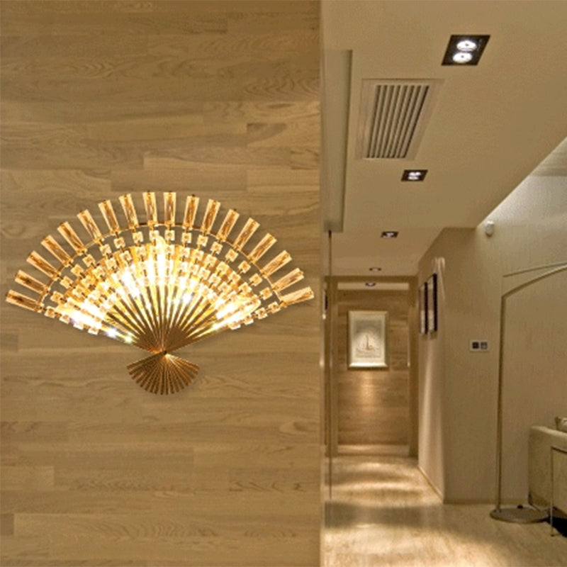 Golden Fan Sconce Lamp: Vintage Style With 3 Lights Clear Crystal Decoration